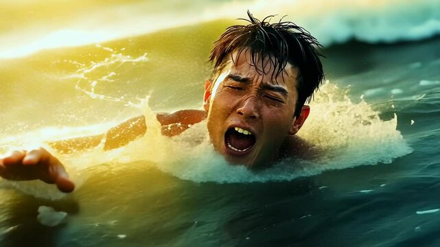 Young man struggling rough sea waves sunset.battling harsh water currents golden hour.Harrowing experience turbulent ocean.adds drama intense aquatic ordeal.Survival and challenge natural bodies.