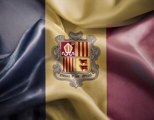 Vibrant Andorra flag waving with luxurious satin texture - Patriotic and cultural symbol