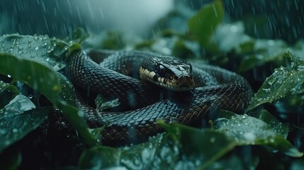 Rain-soaked snake in foliage, jungle backdrop, wildlife documentary