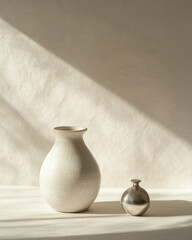 Minimalist ceramic and metallic vases in soft natural light still life