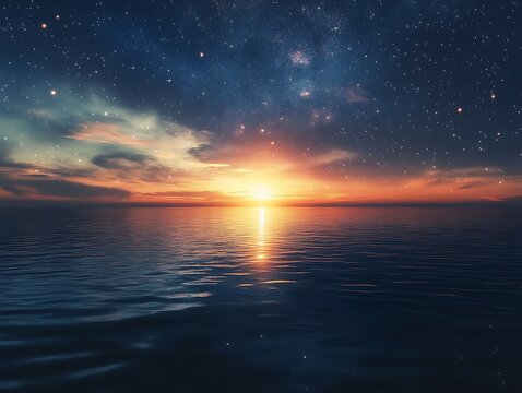 A captivating sunset over the sea, with stars beginning to shine brightly in the darkening sky. The calm water mirrors the starry sky above, creating a serene and surreal reflection.