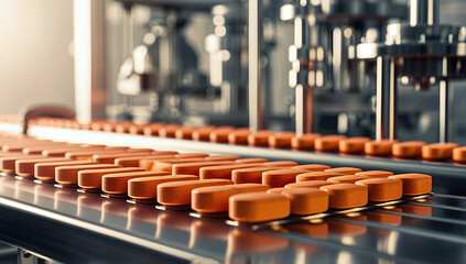 pharmaceutical production process, specifically showcasing rows of orange tablets being manufactured
