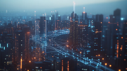 Fototapeta premium Smart digital Innovation city with connection network reciprocity over the twilight cityscape. of future smart wireless digital city and social media networking systems that connects people with city