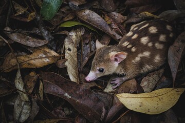 Obraz premium A spotted quoll with distinctive spots, hunting among fallen leaves in a temperate rainforest in Tasmania.