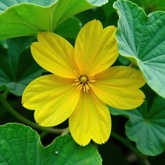 Large green leaves surround the bright yellow watermelon flower blooms, blooms, flower field