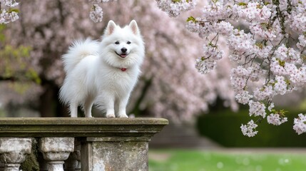 A fluffy white dog is happily basking in the warm sunshine, surrounded by picturesque cherry blossom trees in a peaceful park