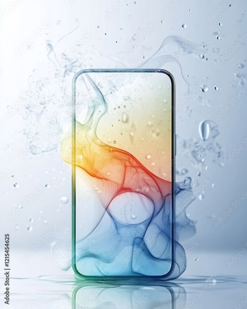 Poster a front view of the smartphone with a transparent glass screen in an abstract environment. the scene