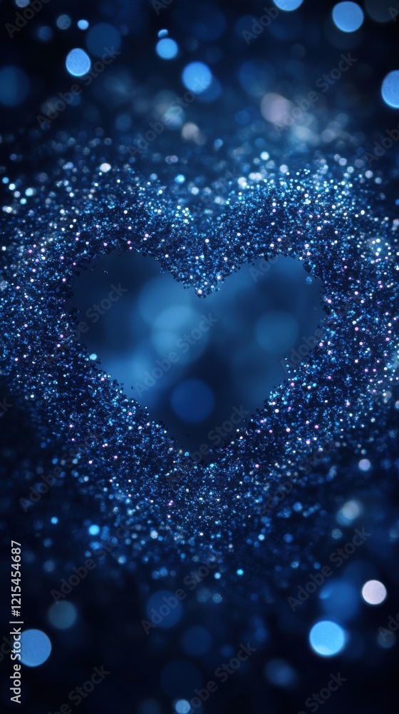Poster sparkling heart shape created by shimmering blue particles on a dark background in a creative design