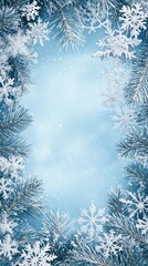 Winter wonderland background featuring pine branches and snowflakes on a soft blue backdrop