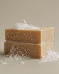 Close-up of two soap bars with foamy bubbles on neutral background