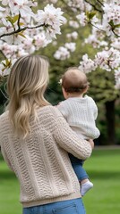 Fototapeta premium Mom holding baby in a cozy sweater enjoying springtime blossoms in a peaceful park setting with soft sunlight filtering through the trees