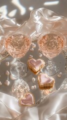 Romantic setting with sparkling drinks and heart-shaped cookies on a reflective surface