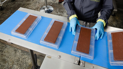 A meticulous chocolate bar production process, highlighting precision and care as workers handle each mold to ensure consistent quality and a premium chocolate experience.