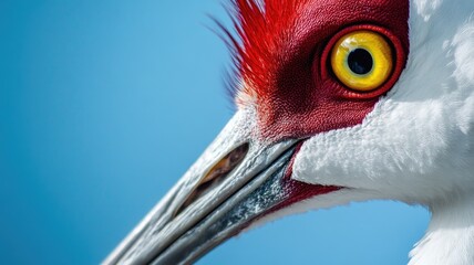 Close-up of bird with striking red crest and yellow eye against blue background