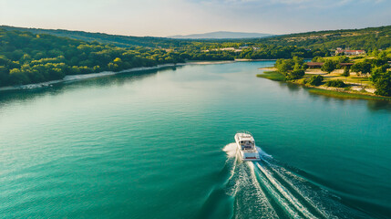 View of a motor boat. Luxury transportation. Vacation and holidays. Summer time for sea travel