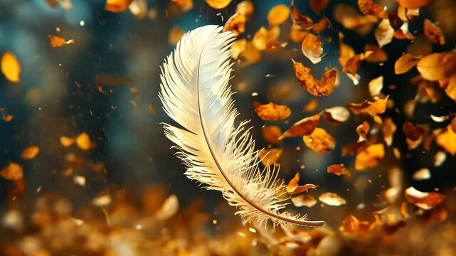 Floating feather amidst falling autumn leaves in serene forest breeze