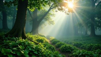 Fototapeta premium Morning mist rises from the forest floor, veiling trees and underbrush, overgrown vegetation, verdant landscape, morning fog