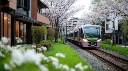 Naklejka premium A vibrant green train glides gracefully along a track adorned with blooming cherry blossoms, set against an urban backdrop on a tranquil spring morning