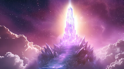 Celestial stairway ascending towards a glowing crystal spire. Celestial Spire. Illustration