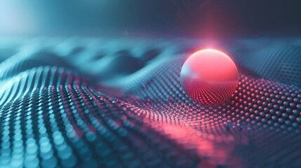 Abstract Red Sphere on Teal Wave Background