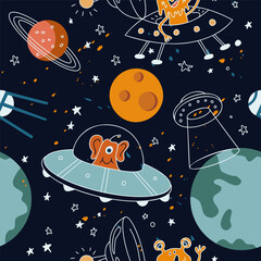Naklejka premium Hand drawn space elements seamless pattern. Space background. Doodle space illustration. Vector illustration. Seamless pattern with cartoon space planets, stars, rockets, ufo, comets, satellites