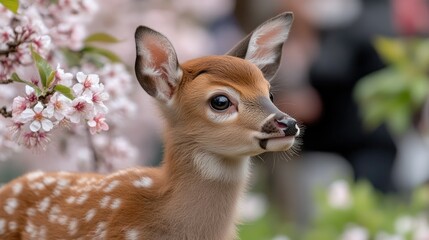Fototapeta premium A lively young fawn gracefully stands surrounded by beautiful, blooming cherry blossoms, creating a serene atmosphere in the heart of spring