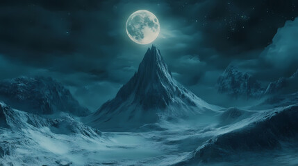 Fantasy moonlit mountain landscape digital art. Celestial Spire. Illustration