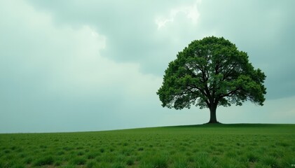 Obraz premium Overcast sky with a lone tree in the distance, tree branches, nature scene, lone tree
