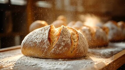 Freshly baked bread with flour dusting in warm bakery setting across three frames