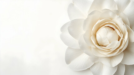 An elegant white camellia with smooth petals, empty space for text, isolated on the white background