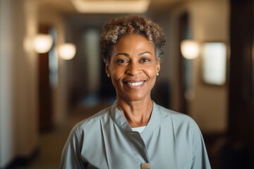 Fototapeta premium Smiling portrait of a middle aged female African American hotel maid