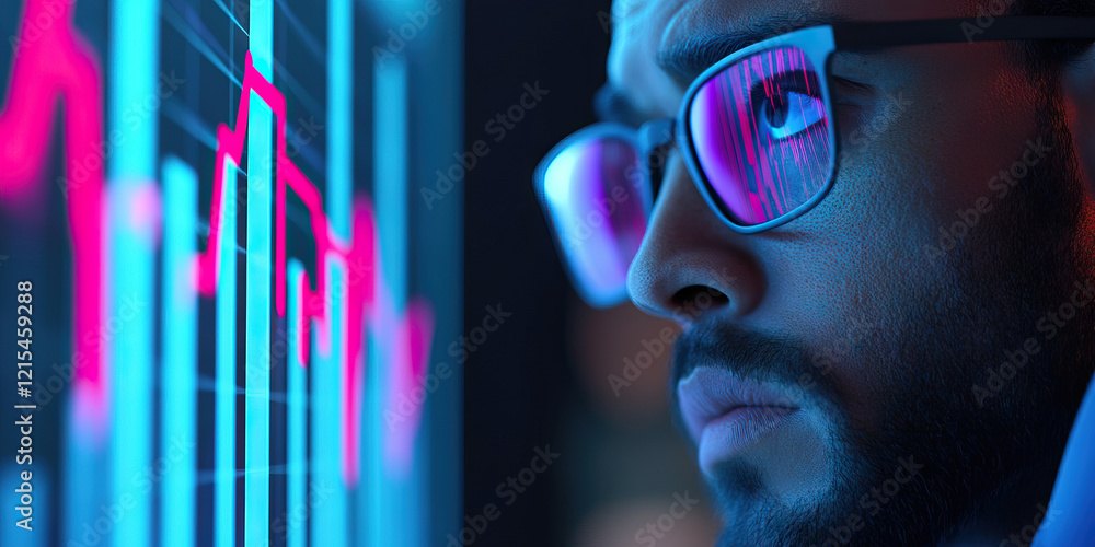 Poster man observing financial data graph on screen