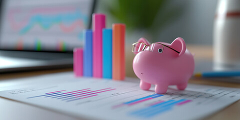 Piggy Bank, Bar Graph, and Financial Report