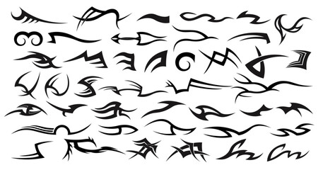 Tattoo Design Elements: A diverse assortment of intricate black tribal tattoos, swirls, curves and lines, perfect for illustrating ideas, art projects or custom tattoo design.