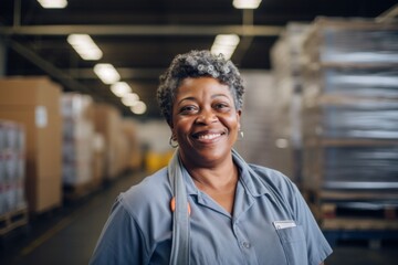Fototapeta premium Portrait of a middle aged female African American warehouse worker