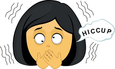 vector illustration yellow emoji face character woman cartoon, having hiccups symptom and a speech bubble with hiccup text