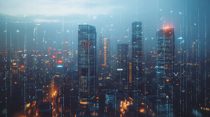 Obraz premium Smart digital Innovation city with connection network reciprocity over the twilight cityscape. of future smart wireless digital city and social media networking systems that connects people with city