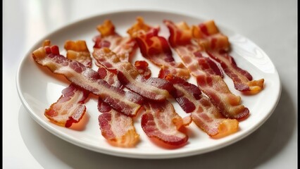 Crispy bacon strips arranged on a white plate ready for breakfast preparation