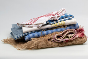 Pieces of multi-colored fabric folded in a stack on a white background