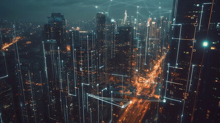 Fototapeta premium Smart digital Innovation city with connection network reciprocity over the twilight cityscape. of future smart wireless digital city and social media networking systems that connects people with city