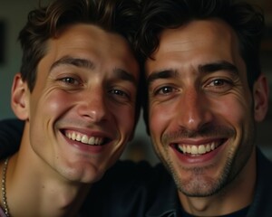 High quality portrait photo of two men, happy face, detailed face, cinematic shot