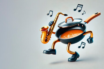 Frying pan with legs and saxophone on a light background. Space for text.