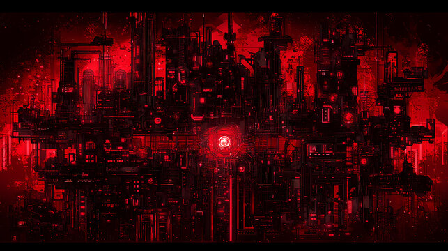 Technocrat's crimson haven: cyberpunk aesthetics, neon-lit skyscrapers, crimson and black color scheme, intricate machinery. Crimson Harbor. Illustration