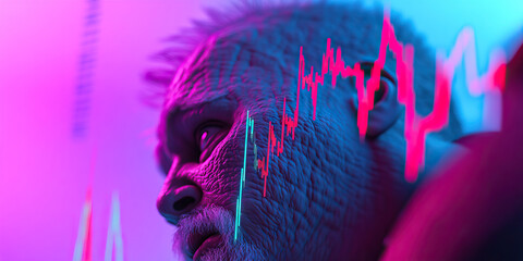 Elderly Man's Profile with Superimposed Stock Market Graph