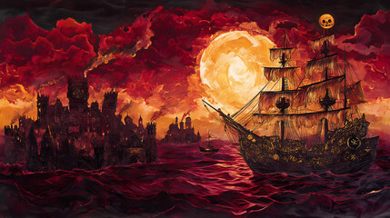 The crimson tempest a pirate's odyssey across the high seas. Crimson Harbor. Illustration