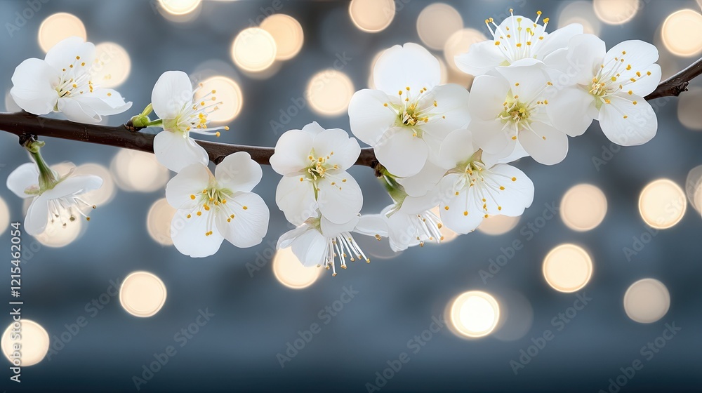 Poster blossoming white flowers on a branch with a soft bokeh background creating a serene atmosphere in sp