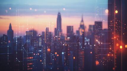 Fototapeta premium Smart digital Innovation city with connection network reciprocity over the twilight cityscape. of future smart wireless digital city and social media networking systems that connects people with city