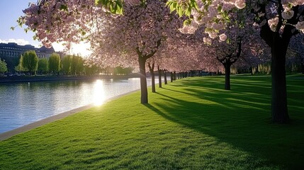 Obraz premium Cherry blossoms bloom along a serene riverside park during golden hour, creating a picturesque spring landscape in a tranquil setting