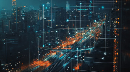 Smart digital Innovation city with connection network reciprocity over the twilight cityscape. of future smart wireless digital city and social media networking systems that connects people with city
