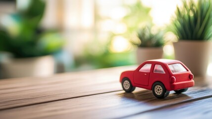 Small red toy car on table with blurred plant background